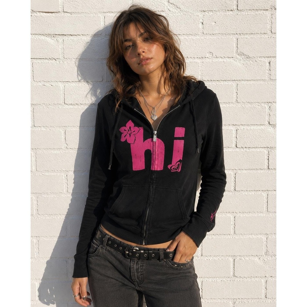 Roxy Y2K Surf Hoodie Black Pink Graphic Zip Up Hawaii Hibiscus Hi XL